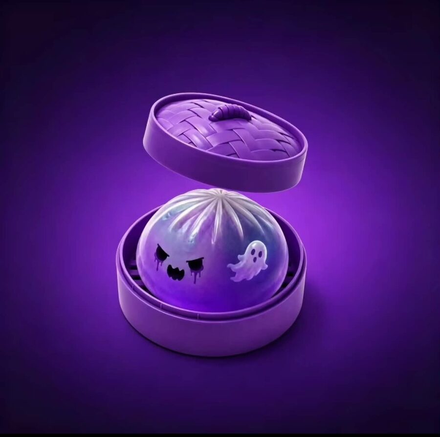 Ghost Mystery Dumpling squishy lila bambuszkosárban